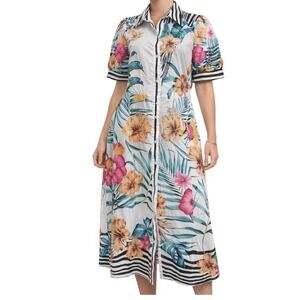 Jennyfer Garment Tropical Floral Shirt Dress Midi Black White Stripe Collar